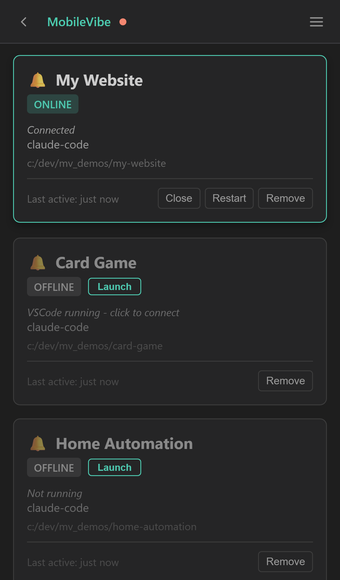 Project card showing ONLINE status