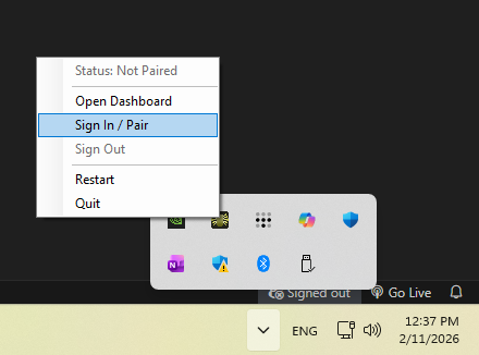 MobileVibe tray menu with the Sign In / Pair option highlighted