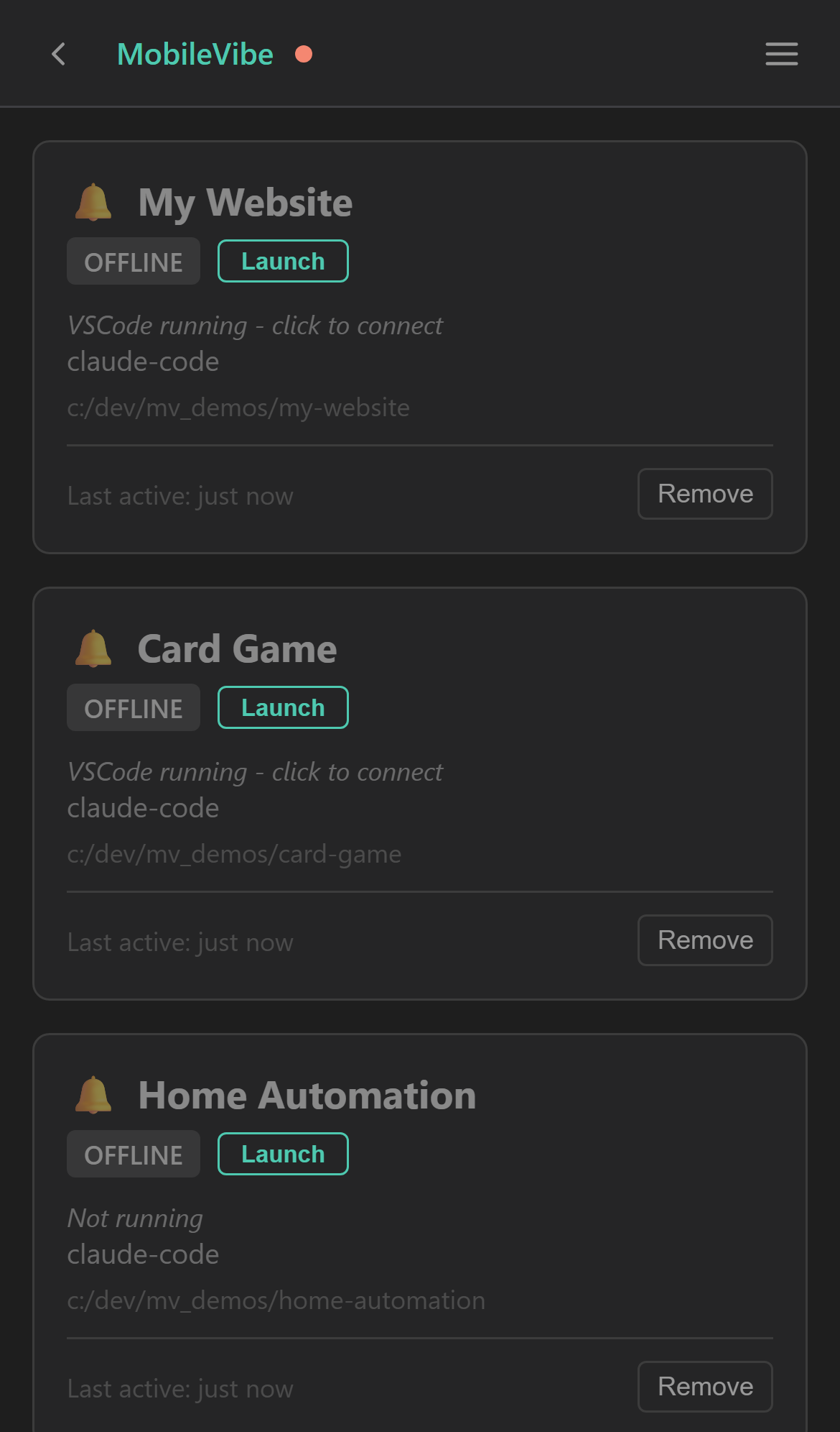 Project list on mobile showing three projects